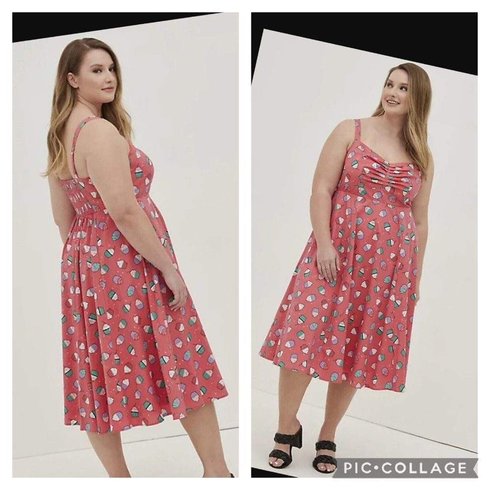Torrid Poplin Cupcake Sun Dress Coral Sweetheart Cut Pockets  Size 4x26  5x 28